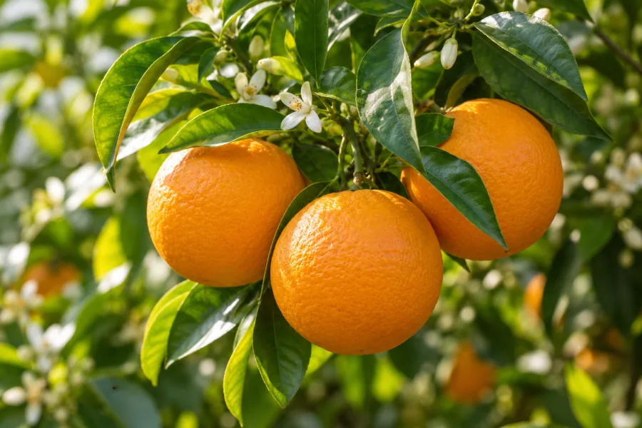Illustrative ripe citrus fruit on a leafy branch