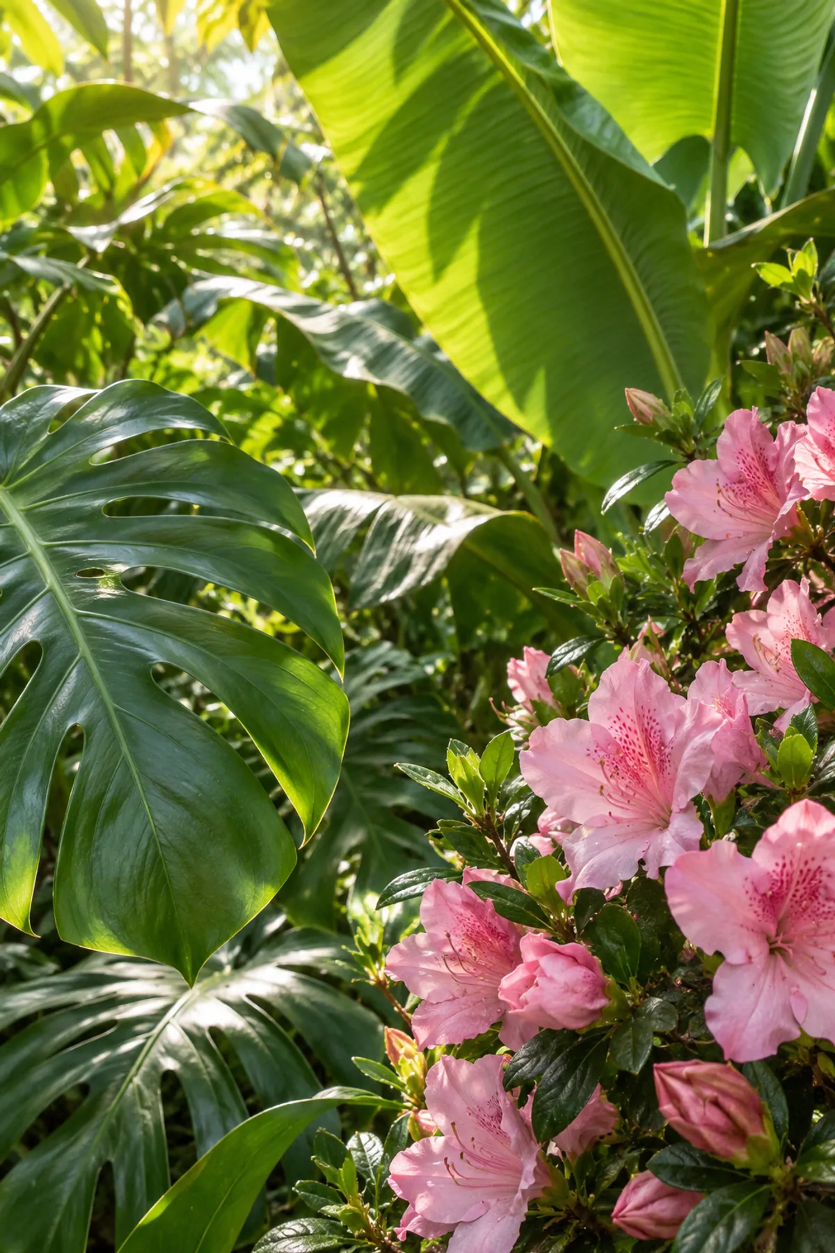 Pink azaleas nestled among sunlit tropical leaves, an illustrative botanical image
