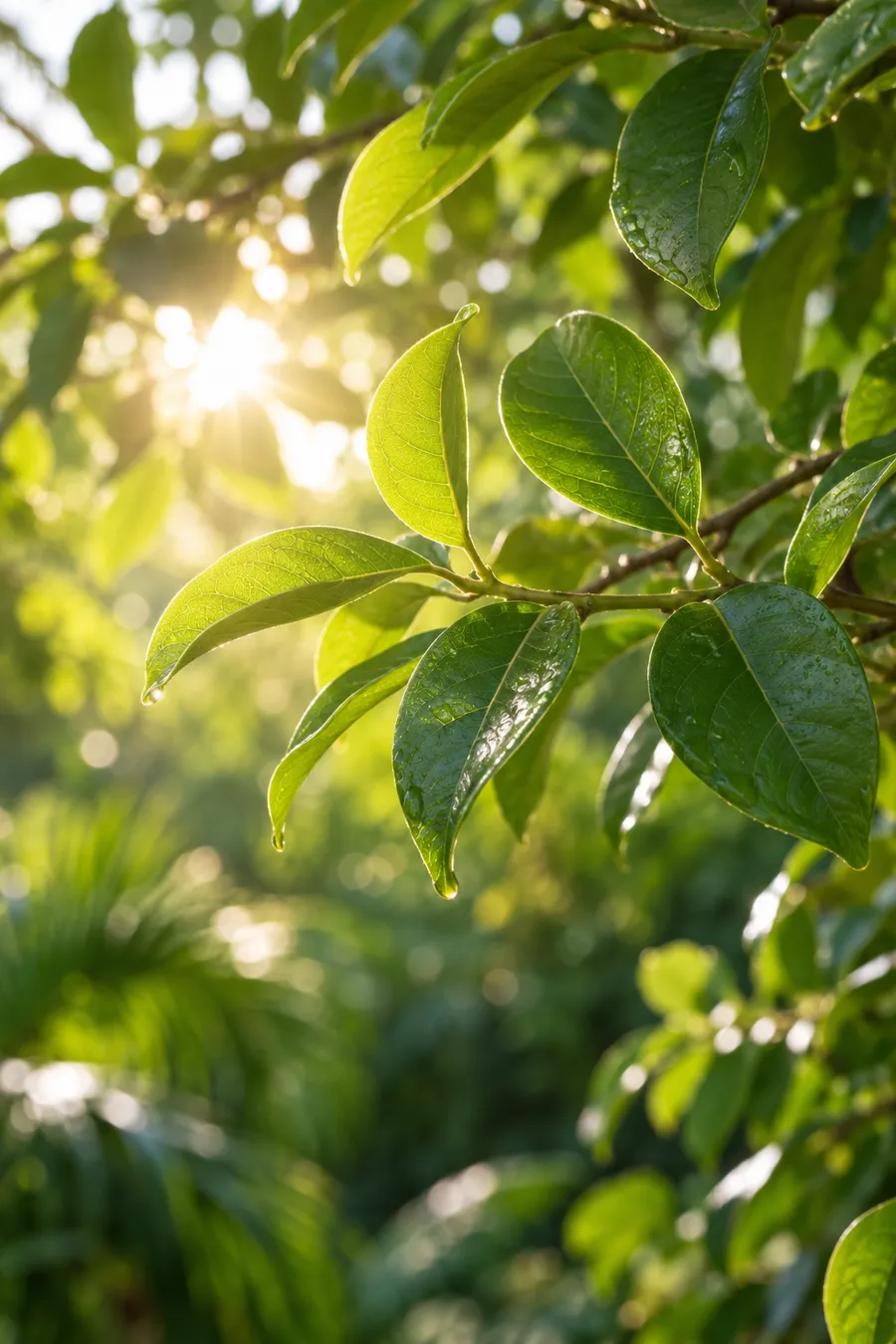 Sunlight filtering through fresh green leaves, illustrative botanical imagery