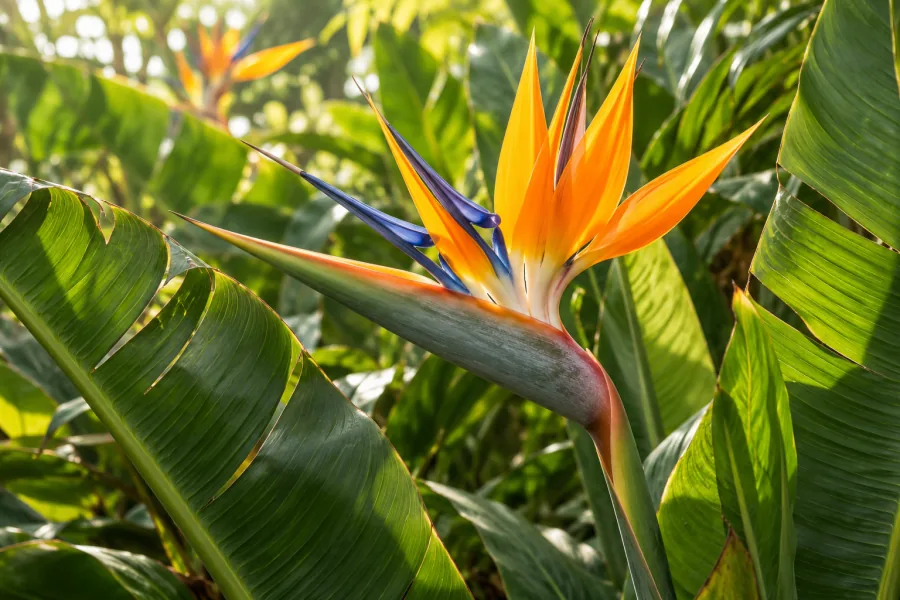 Illustrative bird-of-paradise flower with tropical leaves